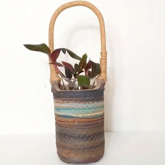 Vintage Studio Pottery Art Ceramic Artisan Plant Carafe Holder Basket Boho Vase - Picture 1 of 8